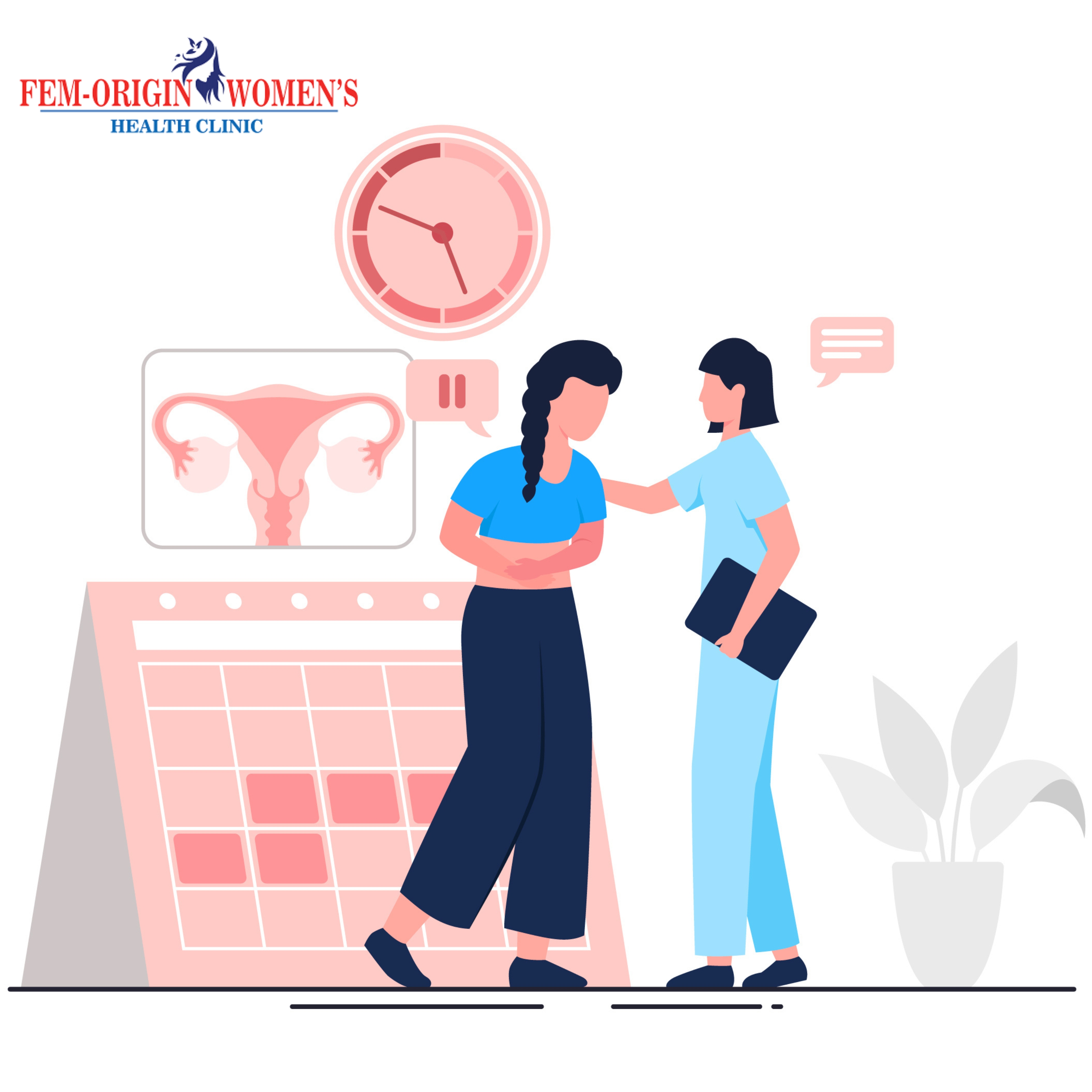 Illustration of a woman consulting a gynecologist about menstrual health issues at Fem-Origin Women's Health Clinic - best women's health clinic for PCOS in Thane